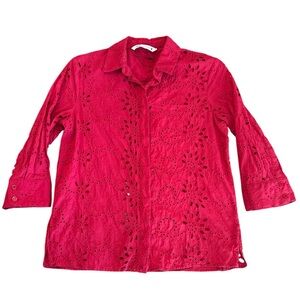 ZARA Red Poplin Embroidered Eyelet Full Button Down 3/4 Sleeve Women’s Small